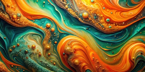 Poster - Swirling Abstract of Emerald Green, Orange, and Gold with Tiny Glitter and Bubbles