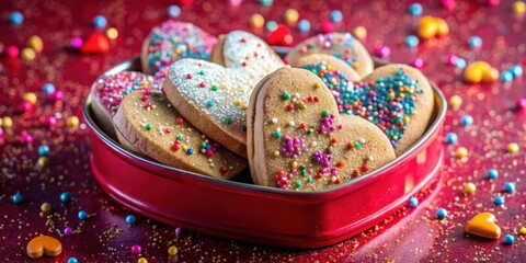 Poster - Heart-shaped cookies with colorful sprinkles in a red tin, surrounded by scattered sprinkles on a red background.