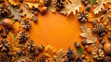 Aufkleber - Autumnal Frame of Leaves and Pine Cones with Orange Background