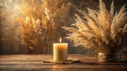 Aufkleber - A Single Lit Candle Glowing Warmly Beside a Vase of Dried Pampas Grass on a Rustic Wooden Table