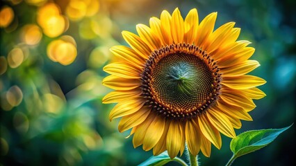 Aufkleber - A single sunflower with golden petals illuminated by the warm light of the sun, surrounded by a soft blur of greens and yellows.