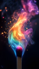 Wall Mural - a lit match against a black background. the flame is a vibrant swirling mix of neon colors, generati