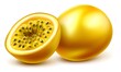 © Maryanto - Two golden passion fruits, one sliced open revealing seeds.