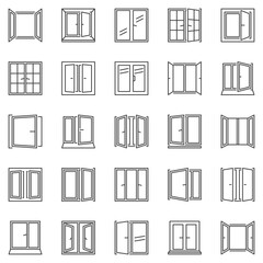 Poster - Opened Glass Windows outline icons set - vector house window symbols