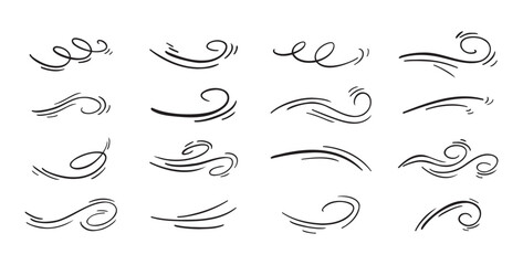 Doodle wind line sketch set. Hand drawn doodle wind air blow, swirl elements.