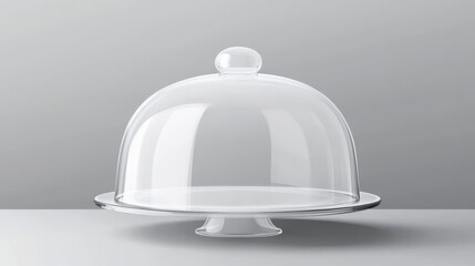 Cake glass stand with dome bell cover mockup. Realistic 3d vector illustration set of transparent plastic empty tray with cap. Dessert bakery cloche pedestal. Cylinder glassware showcase or platter