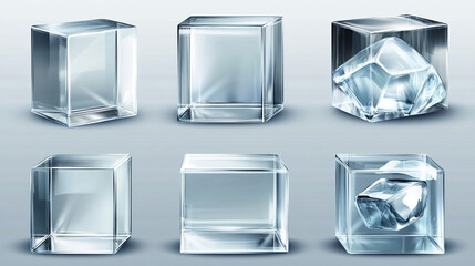 Wall Mural - Plastic or glass cube in different angle view, clear square box, crystal block, aquarium or exhibit podium, glossy geometric object isolated on transparent background, Realistic 3d vector illustration