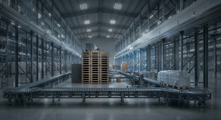 Poster -  assembly line in a production warehouse. Generative AI