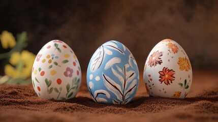 Wall Mural - Three easter painted eggs on brown