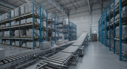 Poster - assembly line in a production warehouse . Generative AI