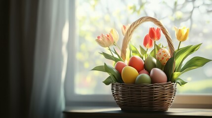 Wall Mural - easter, holidays, tradition and object concept - colored eggs in basket and tulip flowers at home