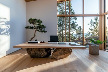 Poster - Zen-inspired workspace design for focus and tranquility nature-inspired elements modern home office minimalist decor serene environment
