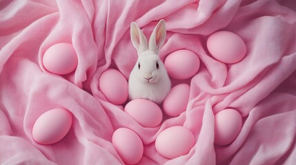 Wall Mural - Easter bunny (rabbit) egg concept, table arrangement decoration. Pink (rosy) eggs on cloth vintage linen napkin (canvas) background, top view.