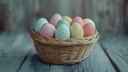 Wall Mural - easter, holidays and tradition concept - close up of colored eggs in wicker basket on grey wooden boards background