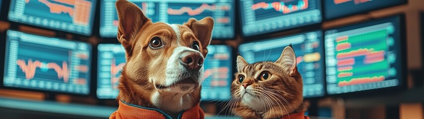Aufkleber - Dog and Cat Watching Stock Market Data on Multiple Monitors