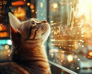 Aufkleber - Curious Cat Gazing at Stock Market Data on Screen Night City Lights Background