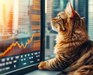 Aufkleber - Curious Ginger Cat Observing Stock Market Graph Financial Investment Growth Concept