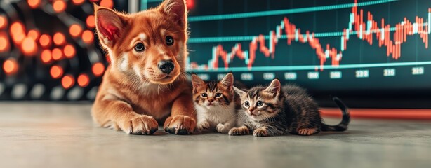 Aufkleber - Adorable Puppy and Kittens with Blurred Stock Market Graph Background