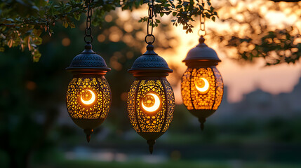 Sticker - Sunset garden lanterns, crescent moon, celebration