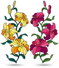 Wall Mural - Set of stained glass illustrations with bouquets and lilies flowers, flovers isolted on awhite background