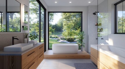 Poster - Relaxing bathroom oasis with freestanding tub serene garden view natural materials modern design tranquil atmosphere