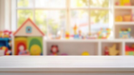 Empty white wooden tabletop on blurred background of nursery school with window and colorful toys