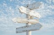 © Solo - Weathered wooden signpost with blank arrows against a blue sky.
