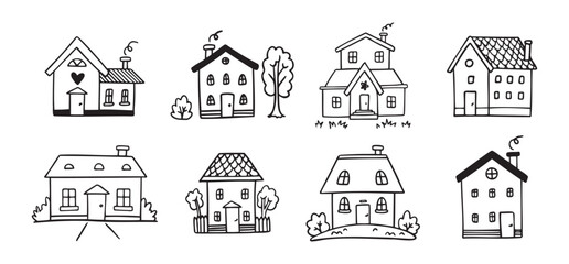 Wall Mural - Hand drawn doodle house vector set. Cute outline houses black and white line illustration