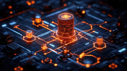 Poster - Abstract close-up of a futuristic circuit board with glowing orange lines and shapes to represent digital technology, data processing, and innovation in electronics.