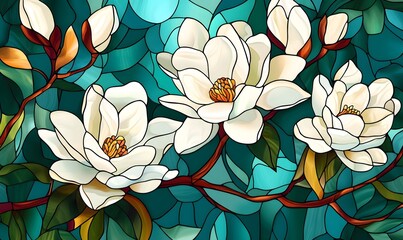 Wall Mural - Stained glass depiction of white magnolia flowers on a teal background, Generative AI