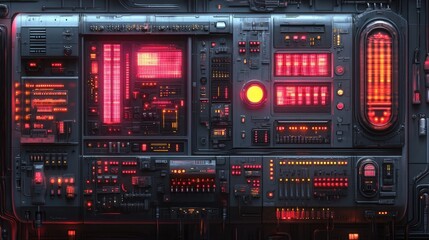 Poster - Futuristic Control Panel with Bright Red Lights and Complex Circuitry for Science Fiction Themes and Digital Art Projects