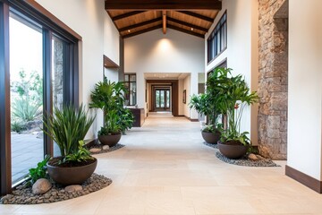 Poster - Tranquil hallway with calming artwork and natural elements modern home interior design peaceful environment wide angle view serene concept