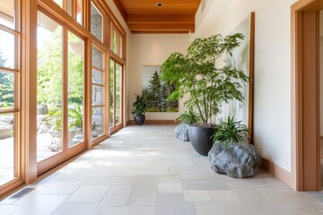 Poster - Tranquil hallway featuring calming artwork and natural elements residential space interior photography serene environment wide angle view peaceful aesthetic