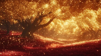 Wall Mural - a dreamlike forest where glowing golden leaves create a canopy over crimson grass