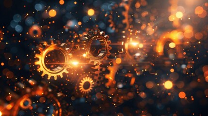 Poster - Golden gears with glowing lights create dynamic, industrial atmosphere, symbolizing innovation and technology. vibrant bokeh adds depth and excitement to scene