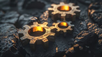 Poster - Gears on textured surface, illuminated with warm light, create striking industrial scene. interplay of light and shadow enhances mechanical aesthetic