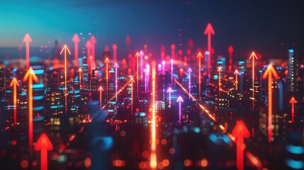 Poster - abstract cityscape with glowing arrows indicating growth and progress, showcasing vibrant colors and