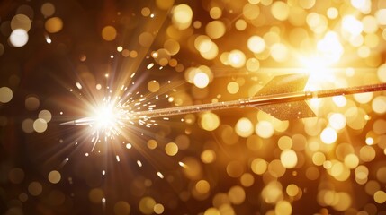 Poster - sparkling arrow piercing through golden background, creating dazzling effect with light and bokeh. image captures sense of precision and brilliance