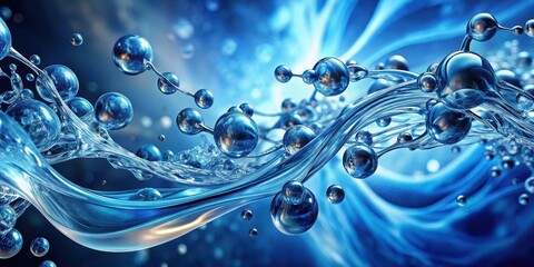 Molecules of water suspended in a blue abstract background with swirling shapes and patterns, evoking a sense of dynamic movement and energy, fluid, energy