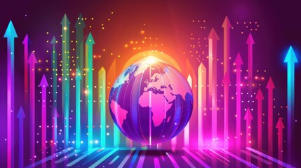 Poster - Colorful digital globe with upward arrows representing growth and progress, vibrant background with lights and patterns, symbolizing global connectivity and innovation