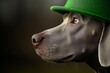 © Jane_S - Close-up of a brown dog with striking green eyes wearing a green knit hat, celebrating St. Patricks Day in style.