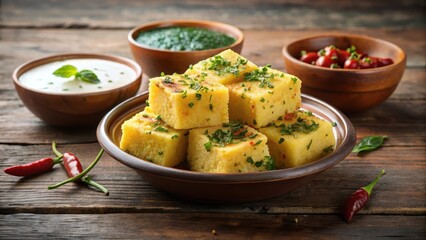 Wall Mural - A steaming hot bowl of farali dhokla served with a dollop of yogurt and a side of spicy chutney , farali dhokla, food