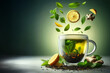 © Elena - Glass cup of herbal tea with floating lemon slices, mint leaves, and ginger on a green background. Studio food photography with vibrant ingredients. Health and wellness concept.