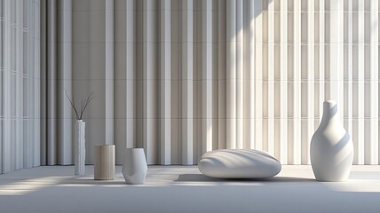 Poster - Minimalist interior, sunlight, vases, zen