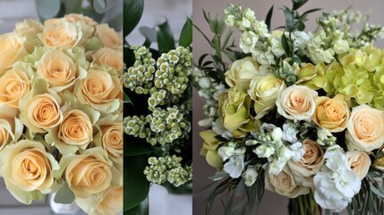 Poster - This exquisite wedding bouquet features soft peach and cream roses, interspersed with delicate greenery and elegantly arranged florals. Perfect for a romantic occasion