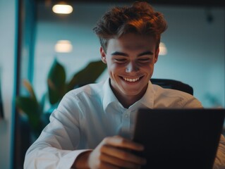 Wall Mural - Busy Professional Smiling at Camera with Tablet