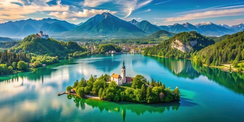 Wall Mural - Panoramic view of serene Lake Bled surrounded by lush greenery and rolling hills in the picturesque Slovenian countryside, waterfront view, nature scenery