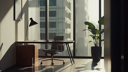 Wall Mural - A modern office with a large window and a potted plant