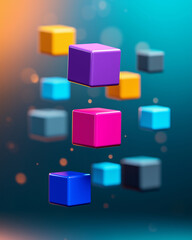 Poster - Colorful 3D cubes floating in space with vibrant background and bokeh effect