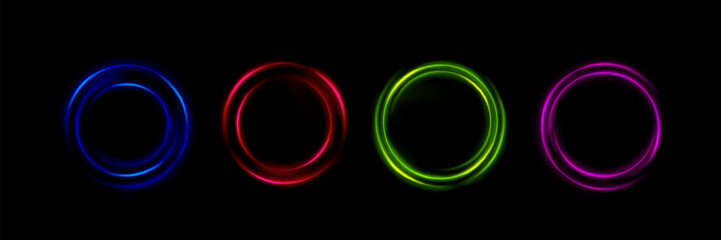 Poster - Neon ring collection - luminous circular frames in blue, red, green and pink colors. Glowing lined geometric shapes with sparkle effect on dark background. Futuristic interface design elements.